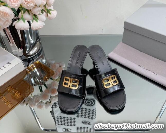 Good Looking Balenciaga BB Medium Heel Slide Sandals 5.5cm in Stone Embossed Calfskin Black 0331048