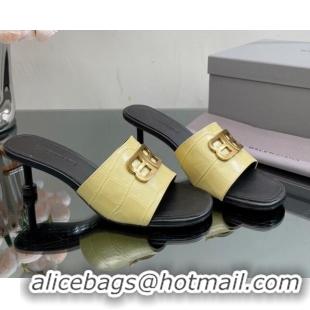 Most Popular Balenciaga BB Medium Heel Slide Sandals 5.5cm in Stone Embossed Calfskin Yellow 0331049