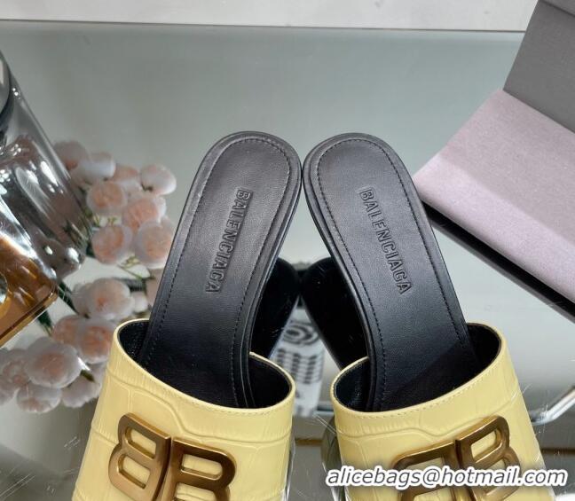 Most Popular Balenciaga BB Medium Heel Slide Sandals 5.5cm in Stone Embossed Calfskin Yellow 0331049