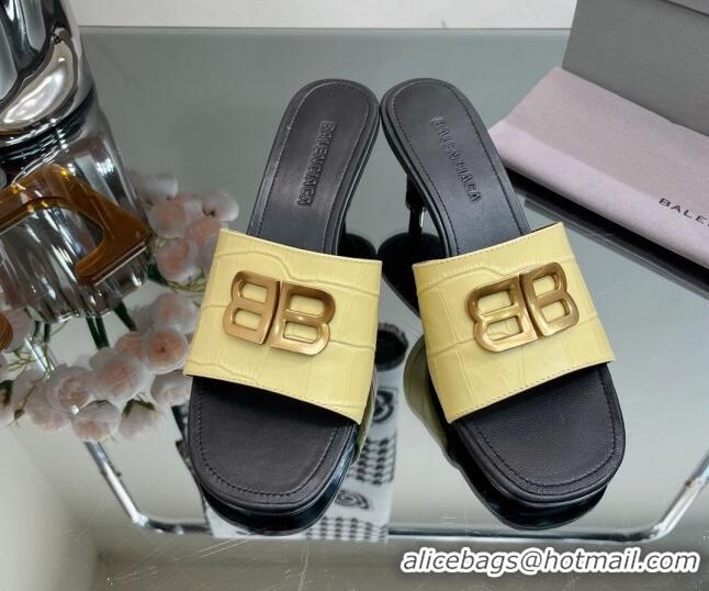 Most Popular Balenciaga BB Medium Heel Slide Sandals 5.5cm in Stone Embossed Calfskin Yellow 0331049