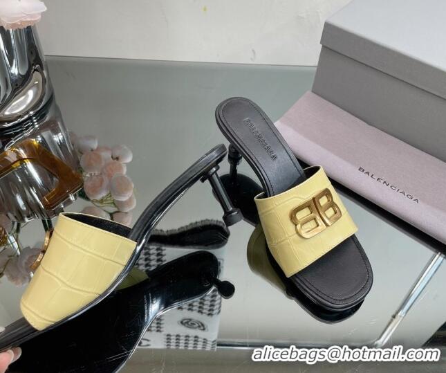 Most Popular Balenciaga BB Medium Heel Slide Sandals 5.5cm in Stone Embossed Calfskin Yellow 0331049