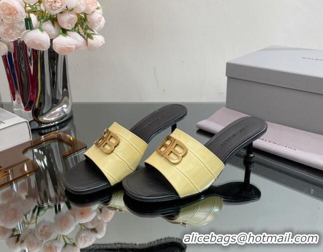 Most Popular Balenciaga BB Medium Heel Slide Sandals 5.5cm in Stone Embossed Calfskin Yellow 0331049