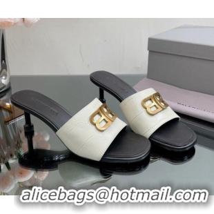 Purchase Balenciaga BB Medium Heel Slide Sandals 5.5cm in Stone Embossed Calfskin White 0331050