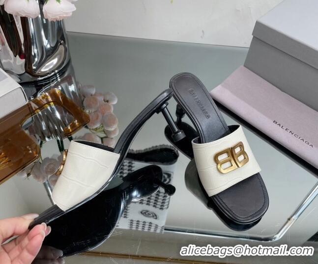 Purchase Balenciaga BB Medium Heel Slide Sandals 5.5cm in Stone Embossed Calfskin White 0331050