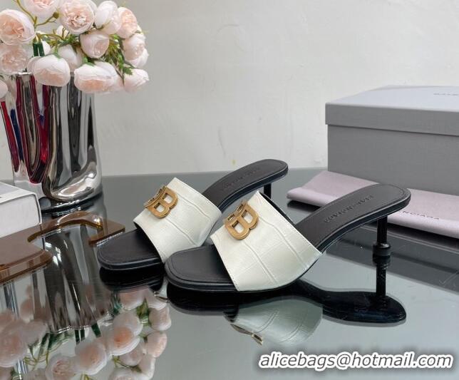 Purchase Balenciaga BB Medium Heel Slide Sandals 5.5cm in Stone Embossed Calfskin White 0331050