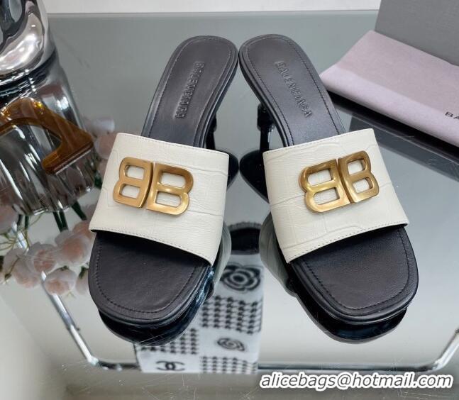 Purchase Balenciaga BB Medium Heel Slide Sandals 5.5cm in Stone Embossed Calfskin White 0331050