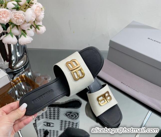 Purchase Balenciaga BB Medium Heel Slide Sandals 5.5cm in Stone Embossed Calfskin White 0331050