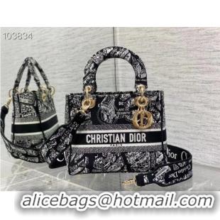 Top Quality Dior MEDIUM LADY D-LITE BAG Black and White Plan de Paris Embroidery M0565OOMP