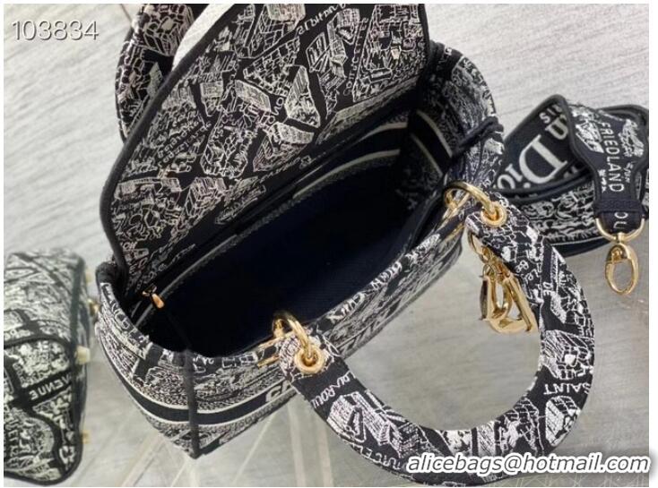 Top Quality Dior MEDIUM LADY D-LITE BAG Black and White Plan de Paris Embroidery M0565OOMP