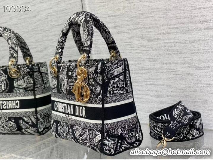 Top Quality Dior MEDIUM LADY D-LITE BAG Black and White Plan de Paris Embroidery M0565OOMP