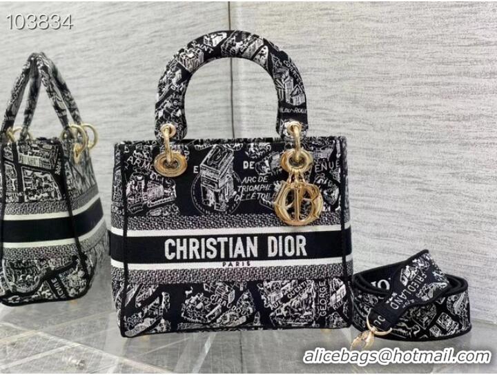 Top Quality Dior MEDIUM LADY D-LITE BAG Black and White Plan de Paris Embroidery M0565OOMP