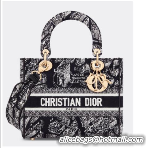 Top Quality Dior MEDIUM LADY D-LITE BAG Black and White Plan de Paris Embroidery M0565OOMP