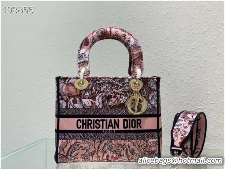 Shop Grade Dior MEDIUM LADY D-LITE BAG Denim Multicolor Dior Jardin Magique Embroidery M0565ORZ-1I