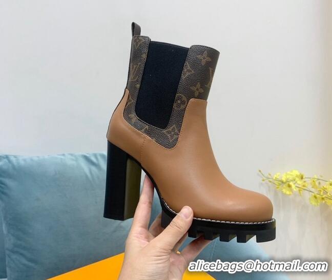 Discount Louis Vuitton Star Trail Ankle Boots 9.5cm in Leather and Monogram Canvas Tan Brown 110228