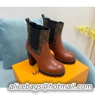 Pretty Style Louis Vuitton Star Trail Ankle Boots 9.5cm in Leather and Monogram Canvas Dark Brown 110229