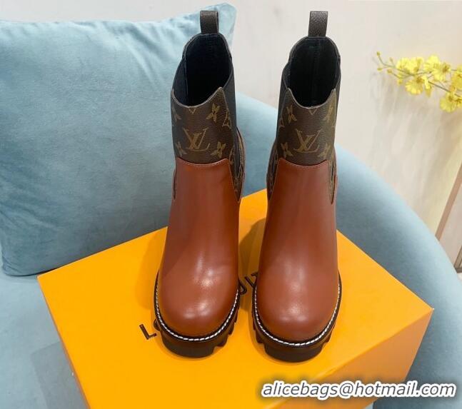 Pretty Style Louis Vuitton Star Trail Ankle Boots 9.5cm in Leather and Monogram Canvas Dark Brown 110229