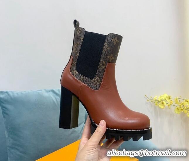 Pretty Style Louis Vuitton Star Trail Ankle Boots 9.5cm in Leather and Monogram Canvas Dark Brown 110229