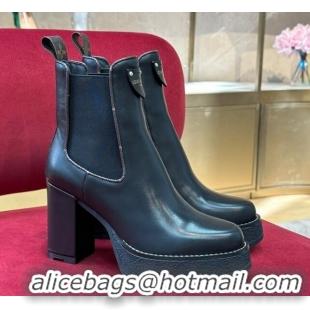 Stylish Louis Vuitton V Beaubourg Platform Ankle Boot 10cm Black Leather 110230