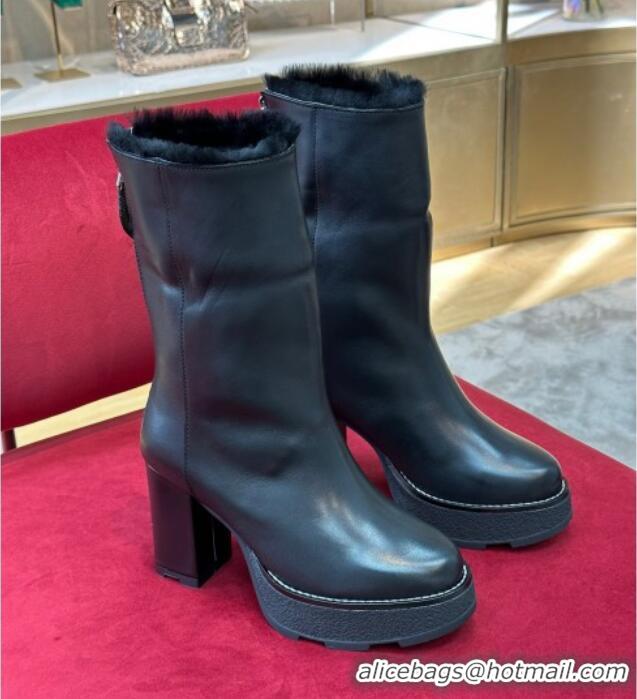 1:1 aaaaa Louis Vuitton V Beaubourg Platform Ankle Boot 10cm in Black Leather and Shearling 110232