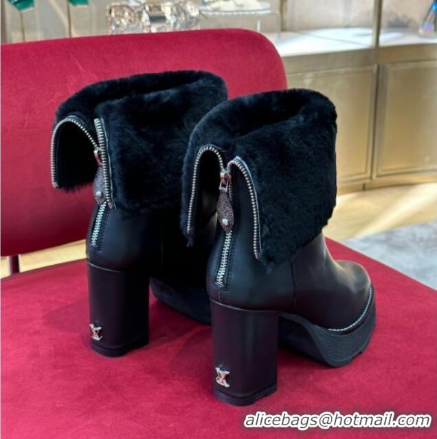 1:1 aaaaa Louis Vuitton V Beaubourg Platform Ankle Boot 10cm in Black Leather and Shearling 110232