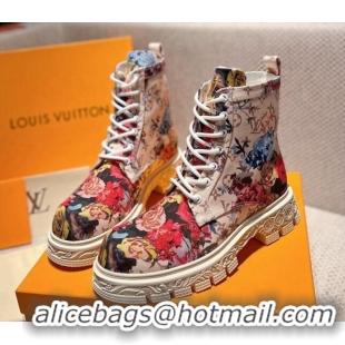 Good Looking Louis Vuitton Flower Print Fabric Ankle Boots Light Beige 110251