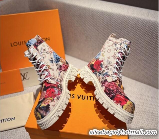 Good Looking Louis Vuitton Flower Print Fabric Ankle Boots Light Beige 110251