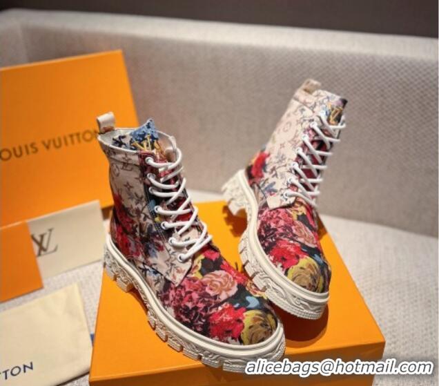 Good Looking Louis Vuitton Flower Print Fabric Ankle Boots Light Beige 110251