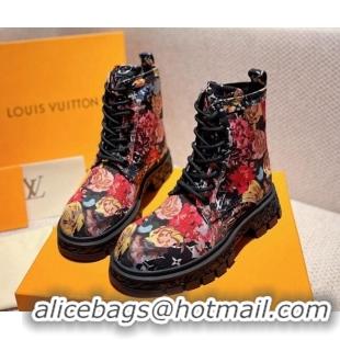 Top Design Louis Vuitton Flower Print Fabric Ankle Boots Black 110252