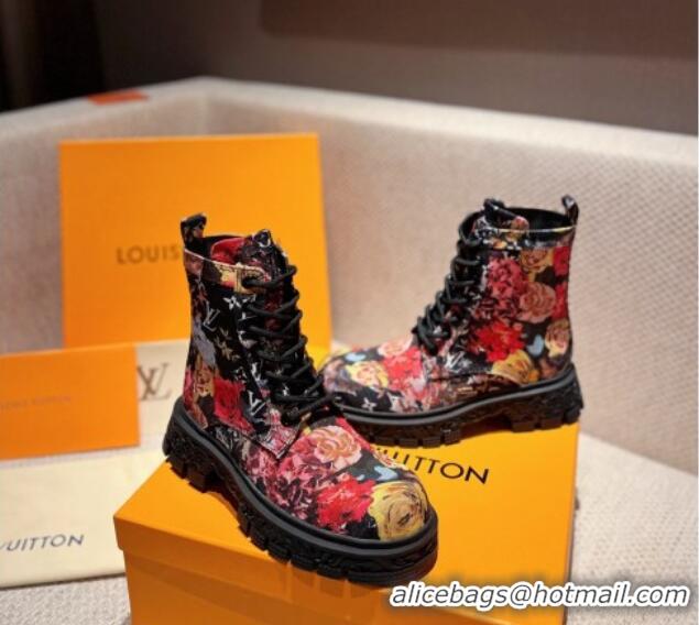 Top Design Louis Vuitton Flower Print Fabric Ankle Boots Black 110252