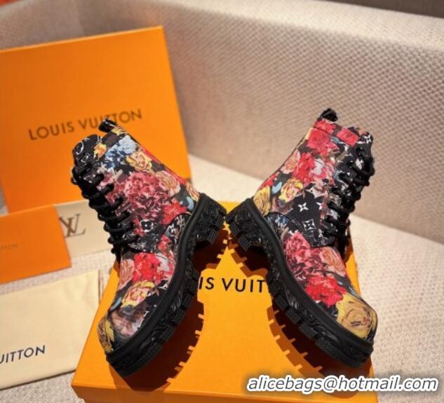 Top Design Louis Vuitton Flower Print Fabric Ankle Boots Black 110252