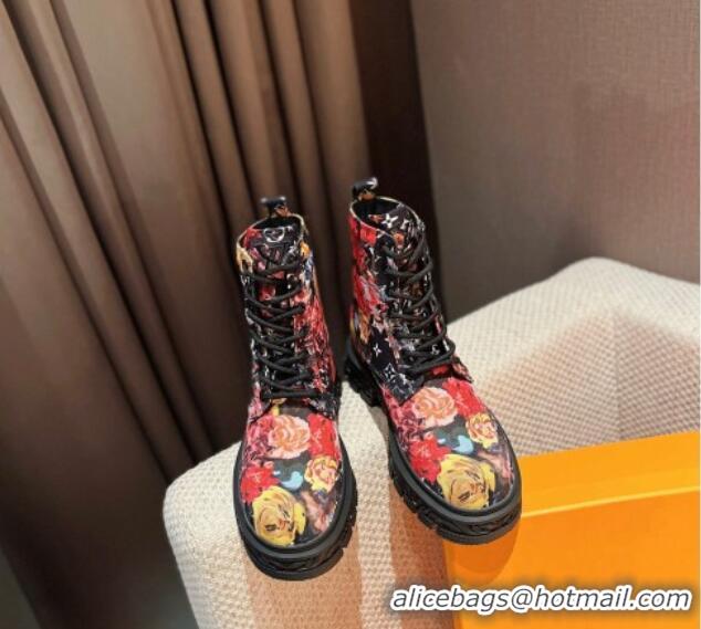 Top Design Louis Vuitton Flower Print Fabric Ankle Boots Black 110252