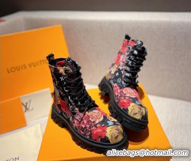 Top Design Louis Vuitton Flower Print Fabric Ankle Boots Black 110252