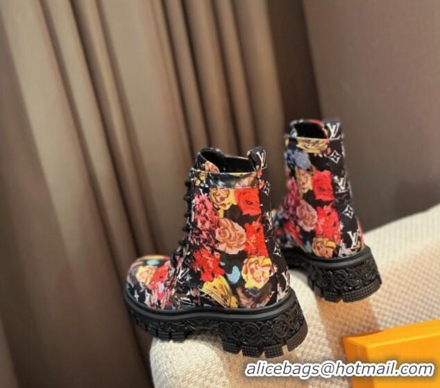 Top Design Louis Vuitton Flower Print Fabric Ankle Boots Black 110252