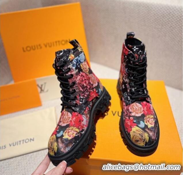 Top Design Louis Vuitton Flower Print Fabric Ankle Boots Black 110252