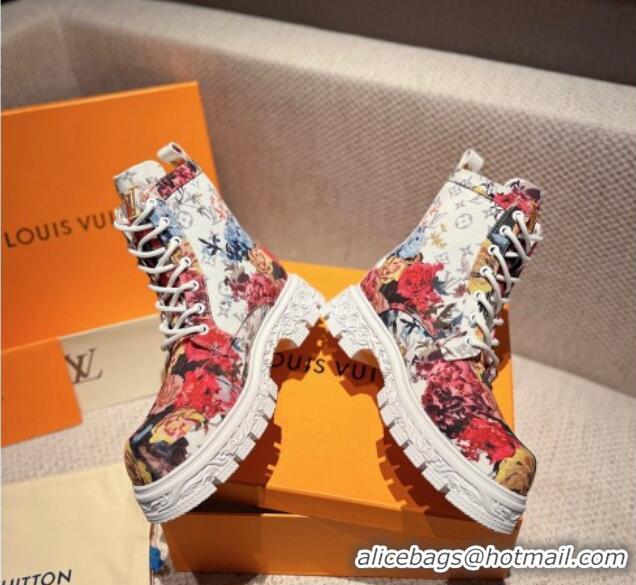 Sumptuous Louis Vuitton Flower Print Fabric Ankle Boots White/Pink 110254