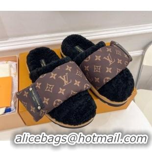 Luxury Louis Vuitton Slipper Pillow Flat Comfort Mules in Monogram Nylon and Shearling Black 110255