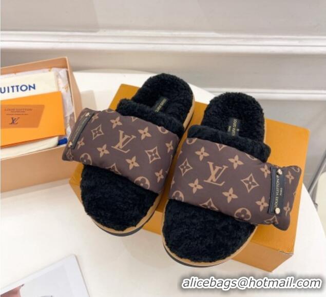 Luxury Louis Vuitton Slipper Pillow Flat Comfort Mules in Monogram Nylon and Shearling Black 110255