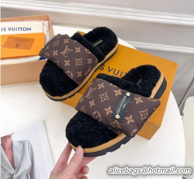 Luxury Louis Vuitton Slipper Pillow Flat Comfort Mules in Monogram Nylon and Shearling Black 110255