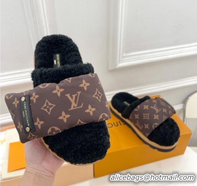 Luxury Louis Vuitton Slipper Pillow Flat Comfort Mules in Monogram Nylon and Shearling Black 110255