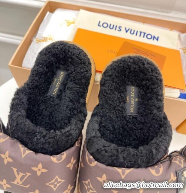 Luxury Louis Vuitton Slipper Pillow Flat Comfort Mules in Monogram Nylon and Shearling Black 110255