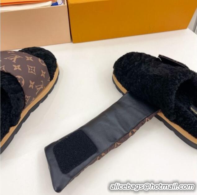 Luxury Louis Vuitton Slipper Pillow Flat Comfort Mules in Monogram Nylon and Shearling Black 110255