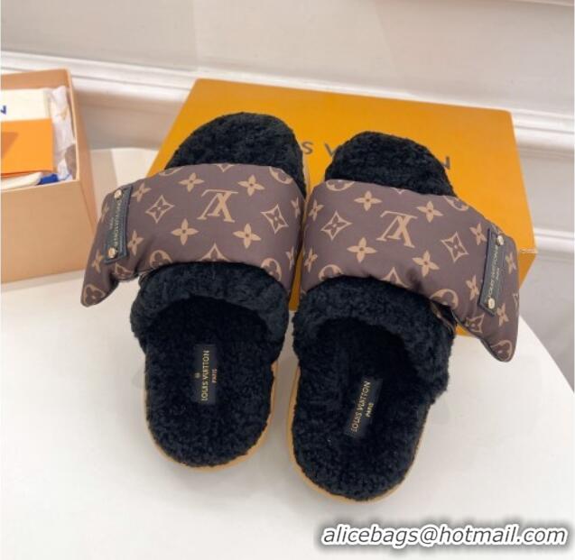 Luxury Louis Vuitton Slipper Pillow Flat Comfort Mules in Monogram Nylon and Shearling Black 110255