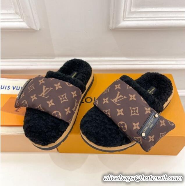 Luxury Louis Vuitton Slipper Pillow Flat Comfort Mules in Monogram Nylon and Shearling Black 110255