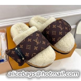 Stylish Louis Vuitton Slipper Pillow Flat Comfort Mules in Monogram Nylon and Shearling White 110256