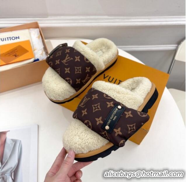 Stylish Louis Vuitton Slipper Pillow Flat Comfort Mules in Monogram Nylon and Shearling White 110256