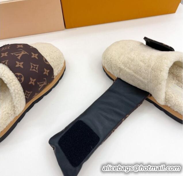 Stylish Louis Vuitton Slipper Pillow Flat Comfort Mules in Monogram Nylon and Shearling White 110256