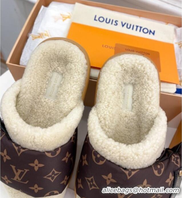 Stylish Louis Vuitton Slipper Pillow Flat Comfort Mules in Monogram Nylon and Shearling White 110256