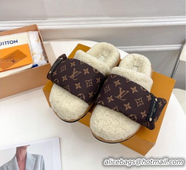 Stylish Louis Vuitton Slipper Pillow Flat Comfort Mules in Monogram Nylon and Shearling White 110256