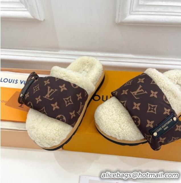 Stylish Louis Vuitton Slipper Pillow Flat Comfort Mules in Monogram Nylon and Shearling White 110256