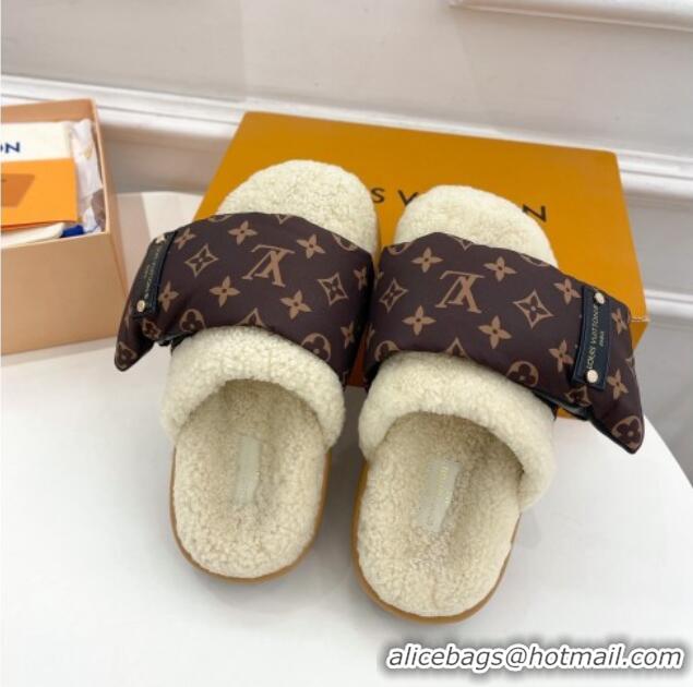 Stylish Louis Vuitton Slipper Pillow Flat Comfort Mules in Monogram Nylon and Shearling White 110256